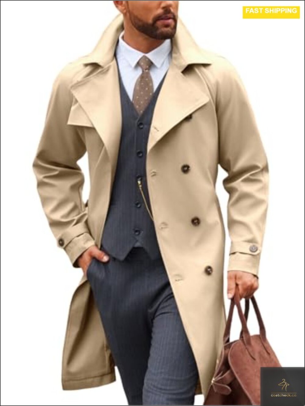 Men's Double Breasted Trench Coat Windbreaker Long Jacket Overcoat Polyester
